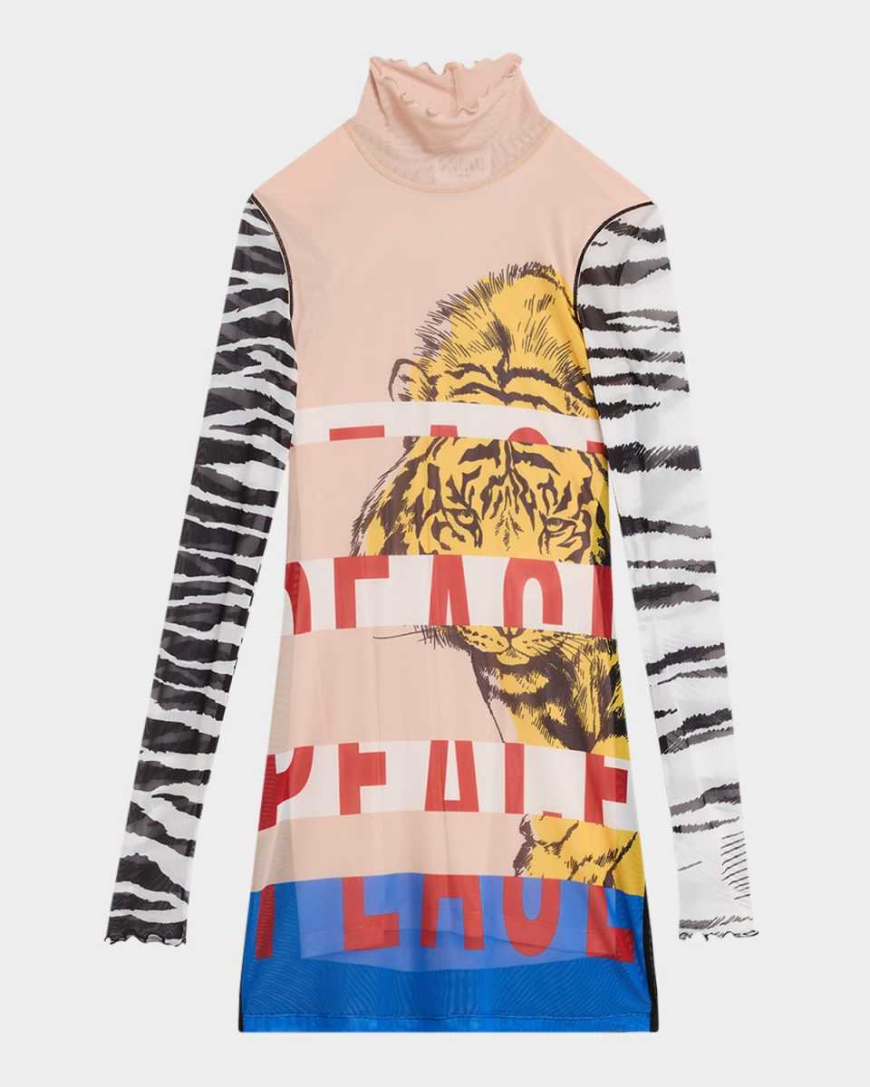 Printed Mesh Turtleneck Mini Dress